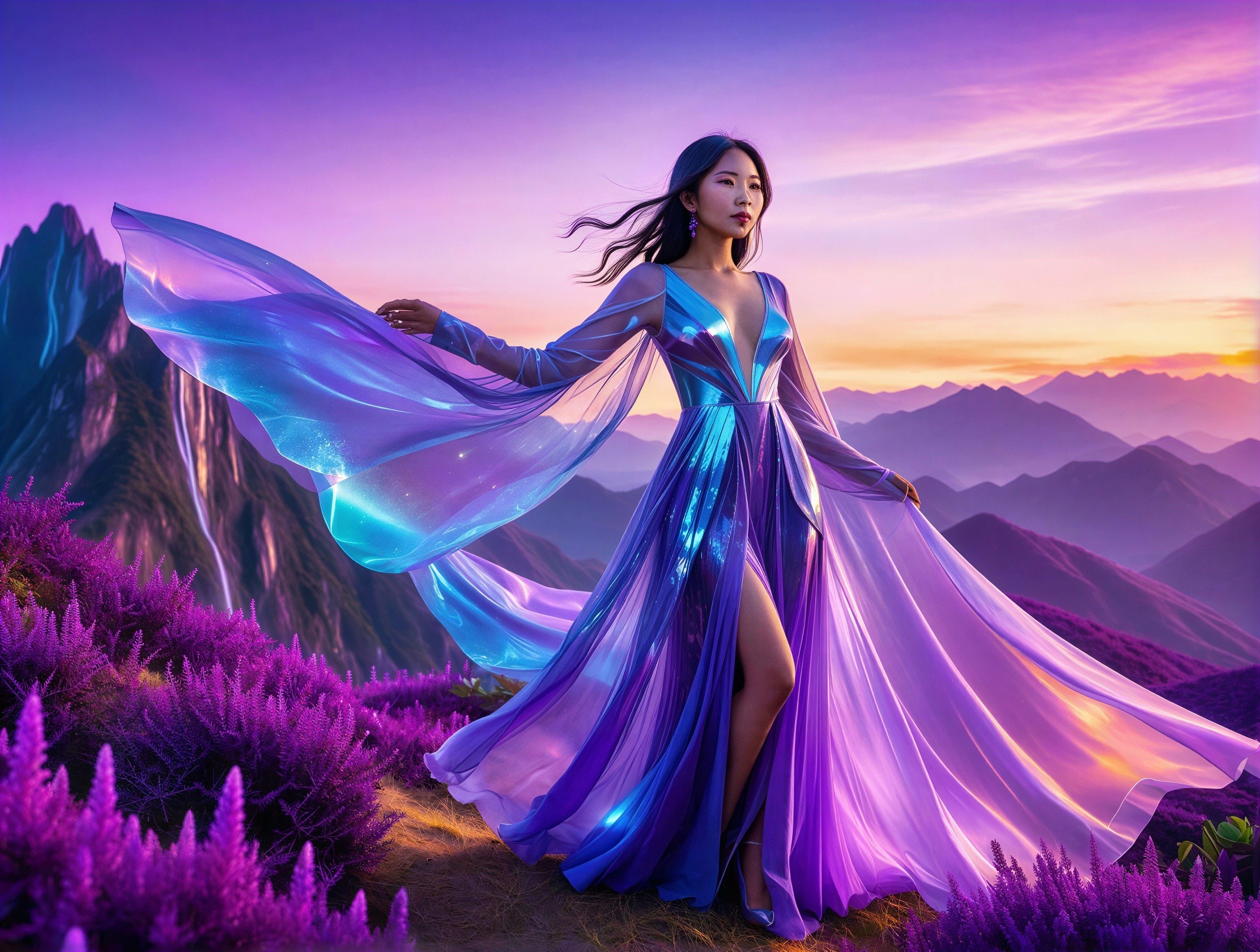 Asian Woman in Iridescent Dress in Flower Field at Sunset