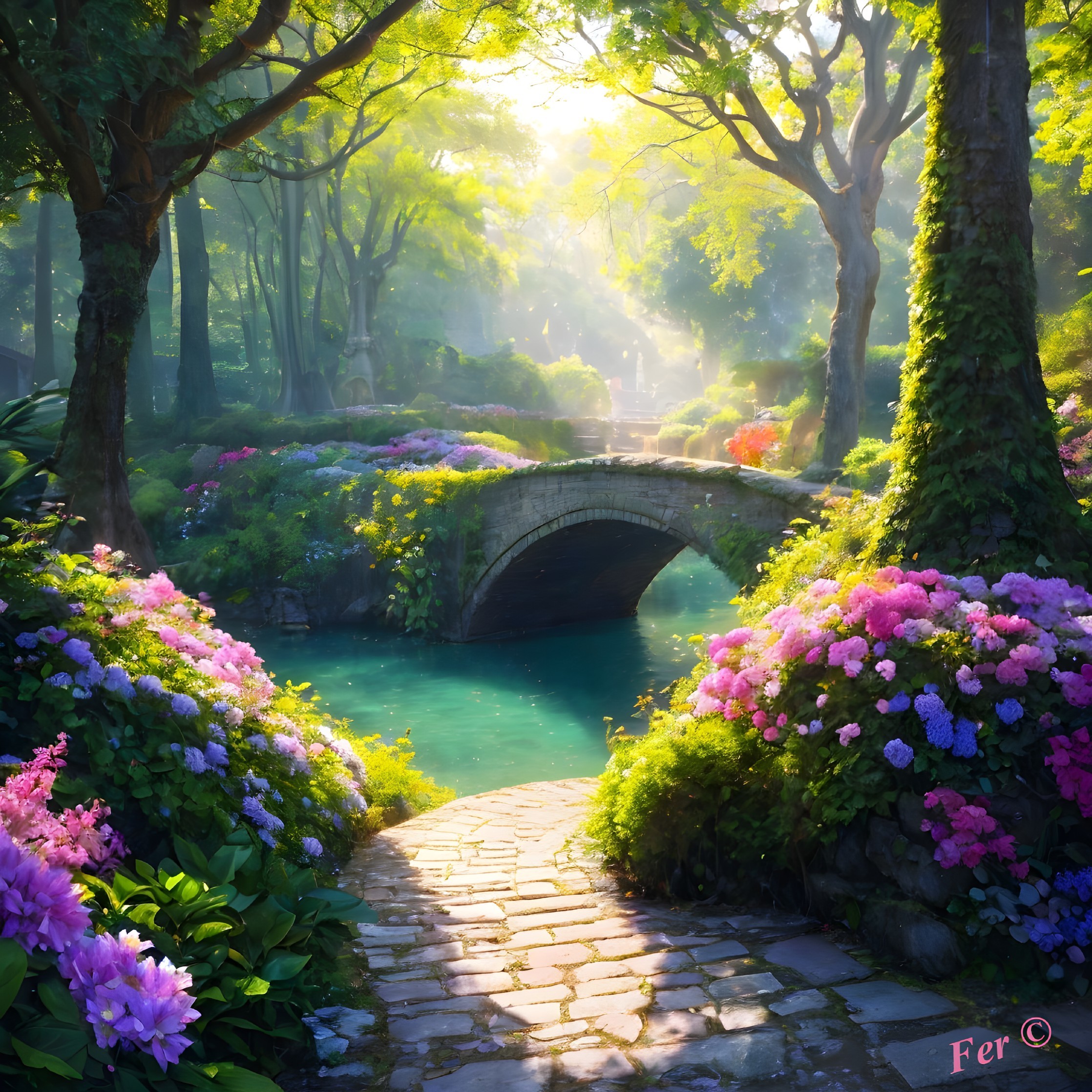 Serene garden with stone bridge over turquoise stream