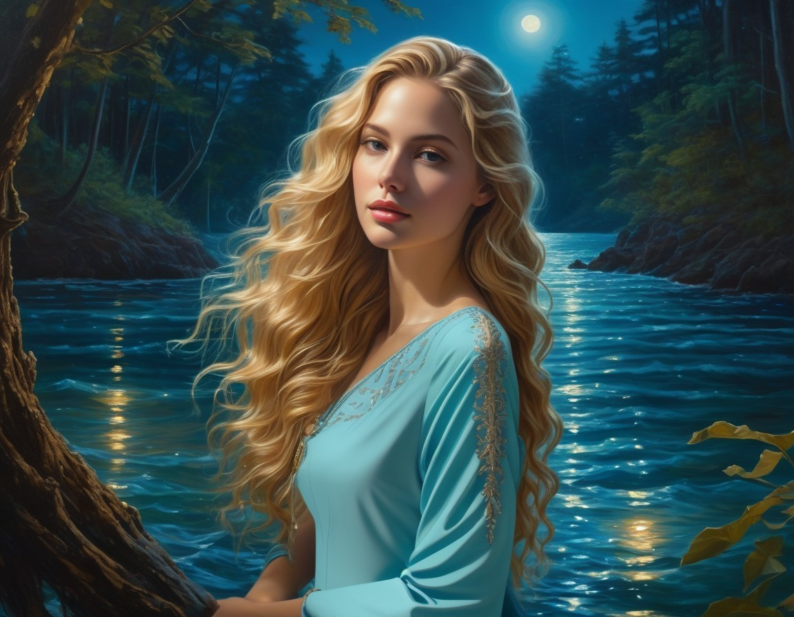 Serene Woman in Blue Dress by Moonlit Lake