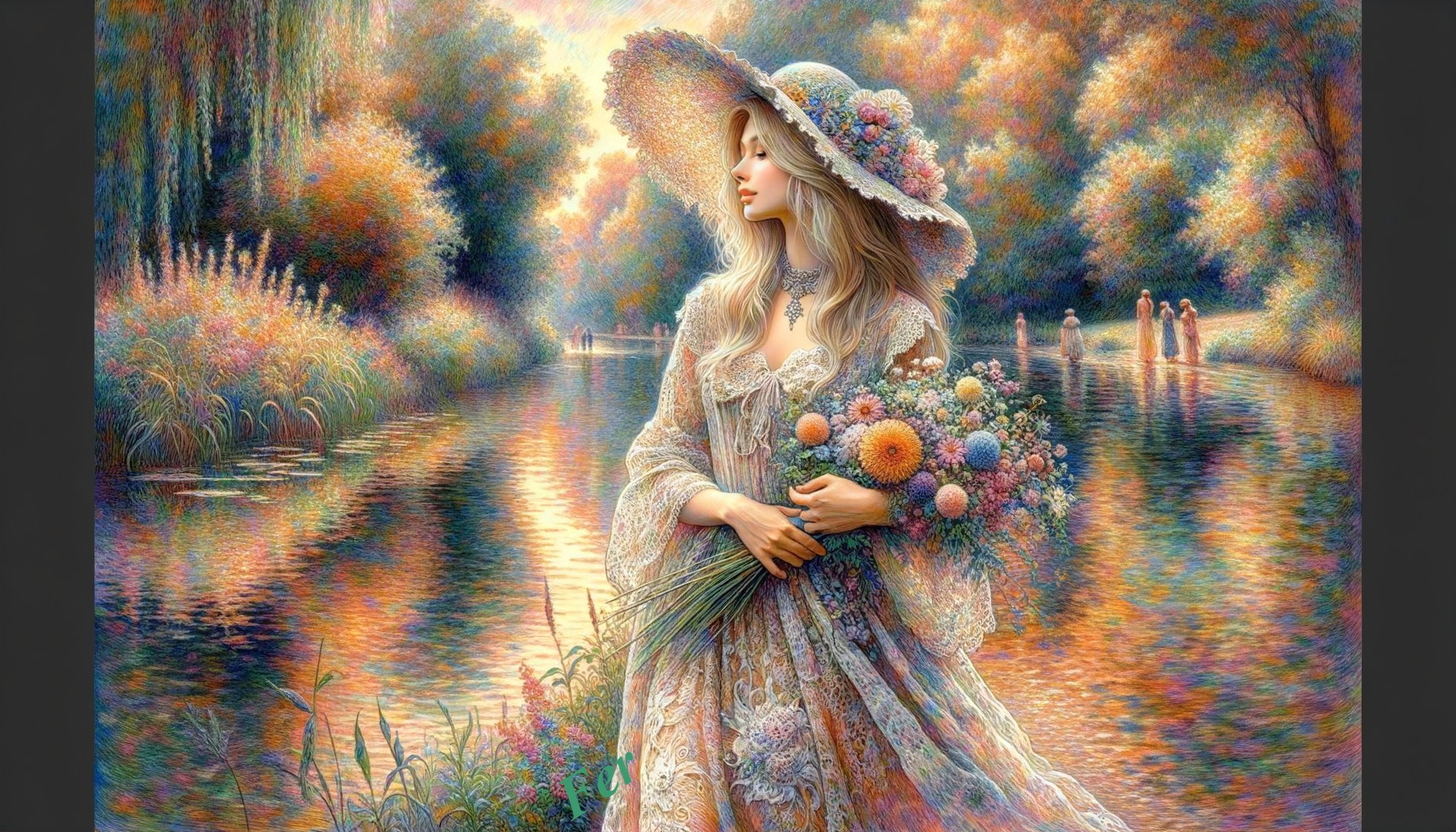 Young Woman by River in Floral Dress and Bouquet