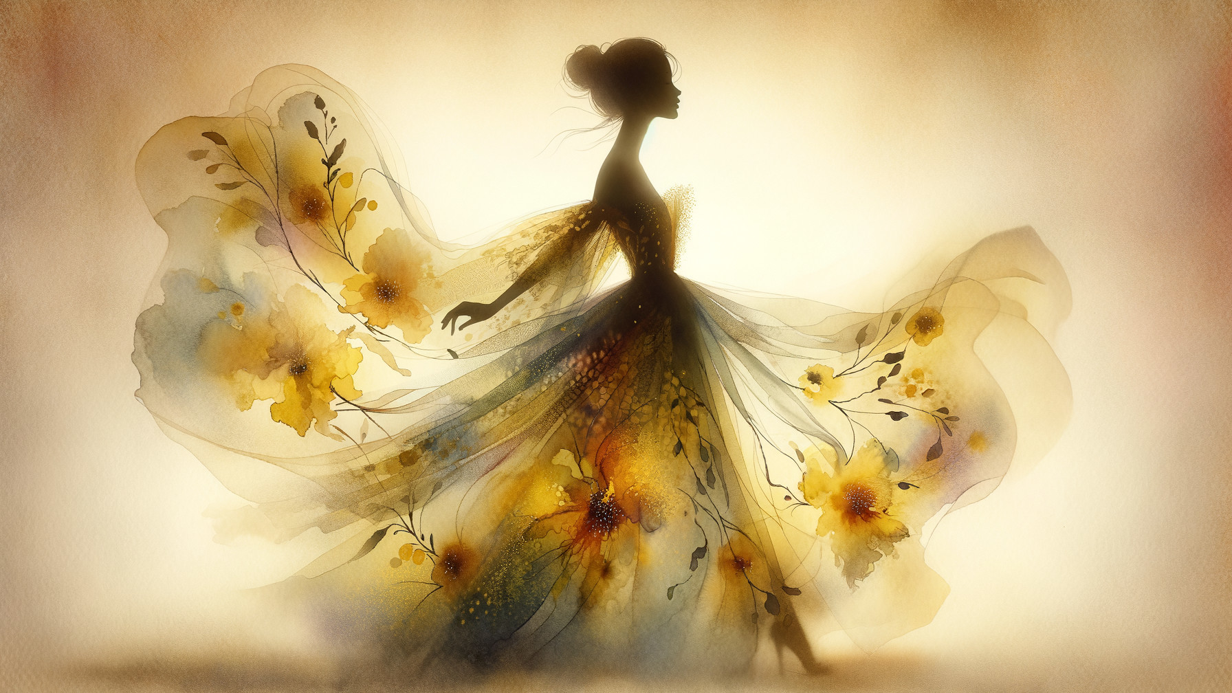 Elegant Silhouette of Woman in Flowing Floral Gown