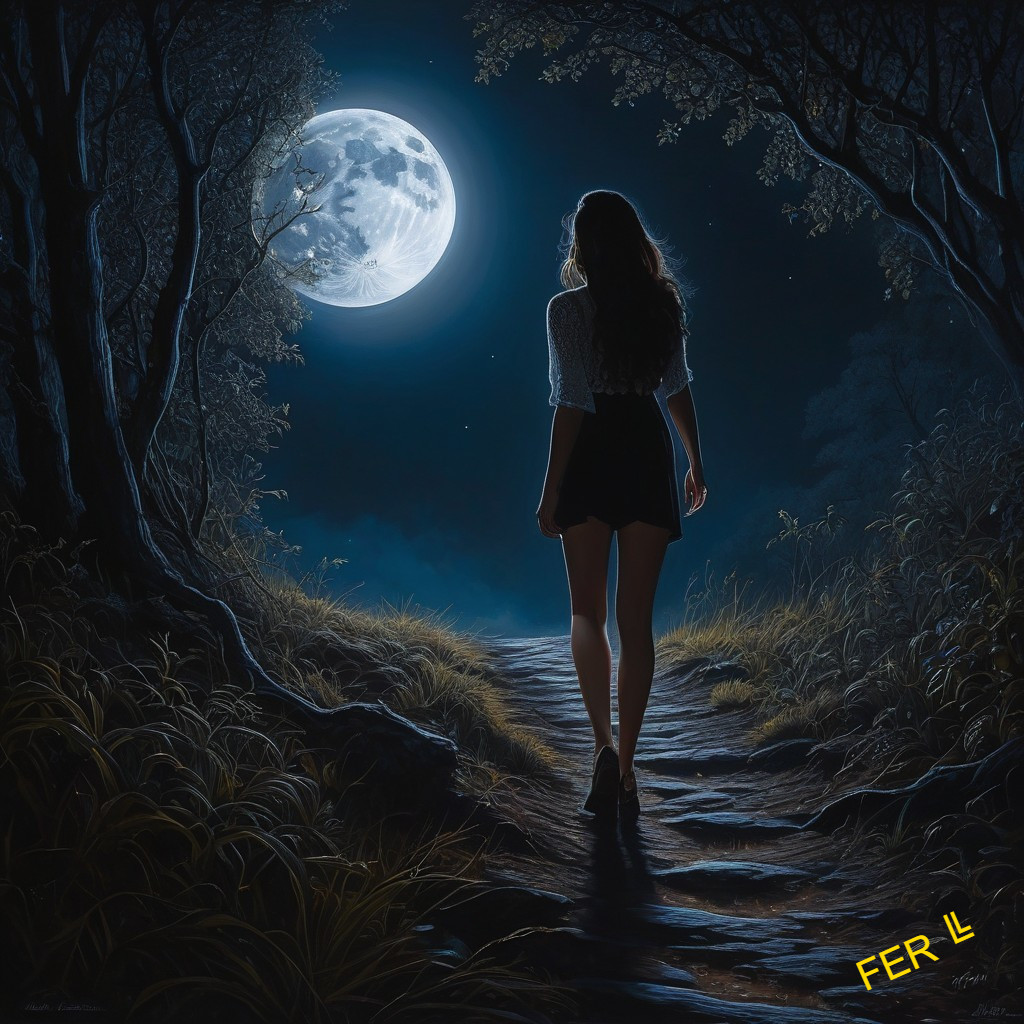 Silhouette of a Woman Walking Under a Full Moon