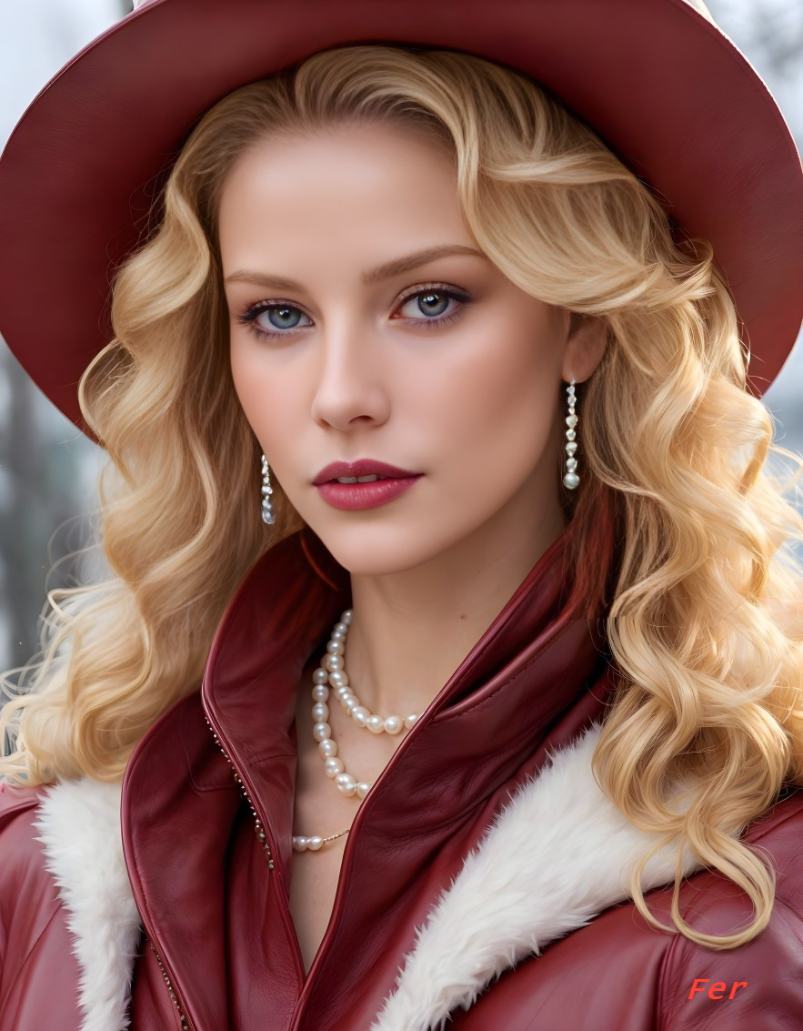 Woman in burgundy hat and fur-lined coat with pearls