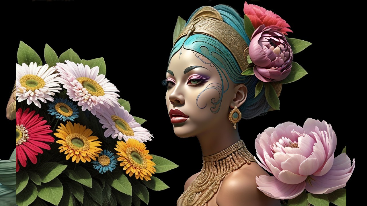 Serene Woman with Intricate Makeup and Floral Headdress