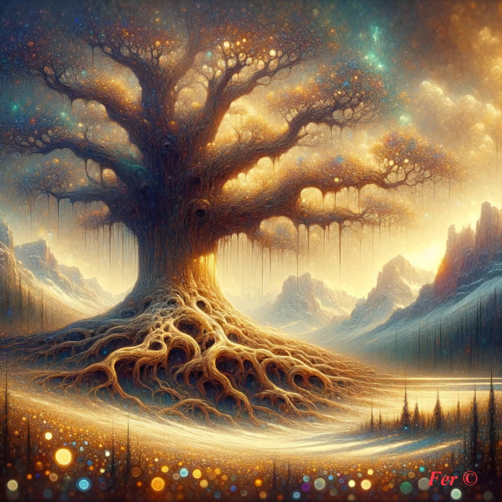 Surreal Landscape with Glowing Tree and Mountains