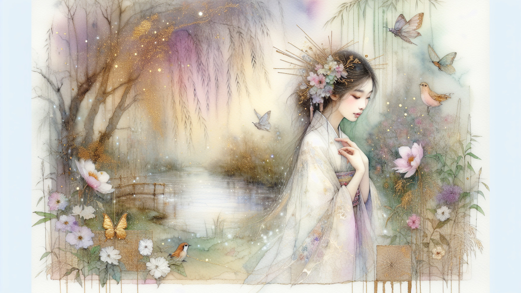 Serene Scene of Woman in Traditional Attire by Pond
