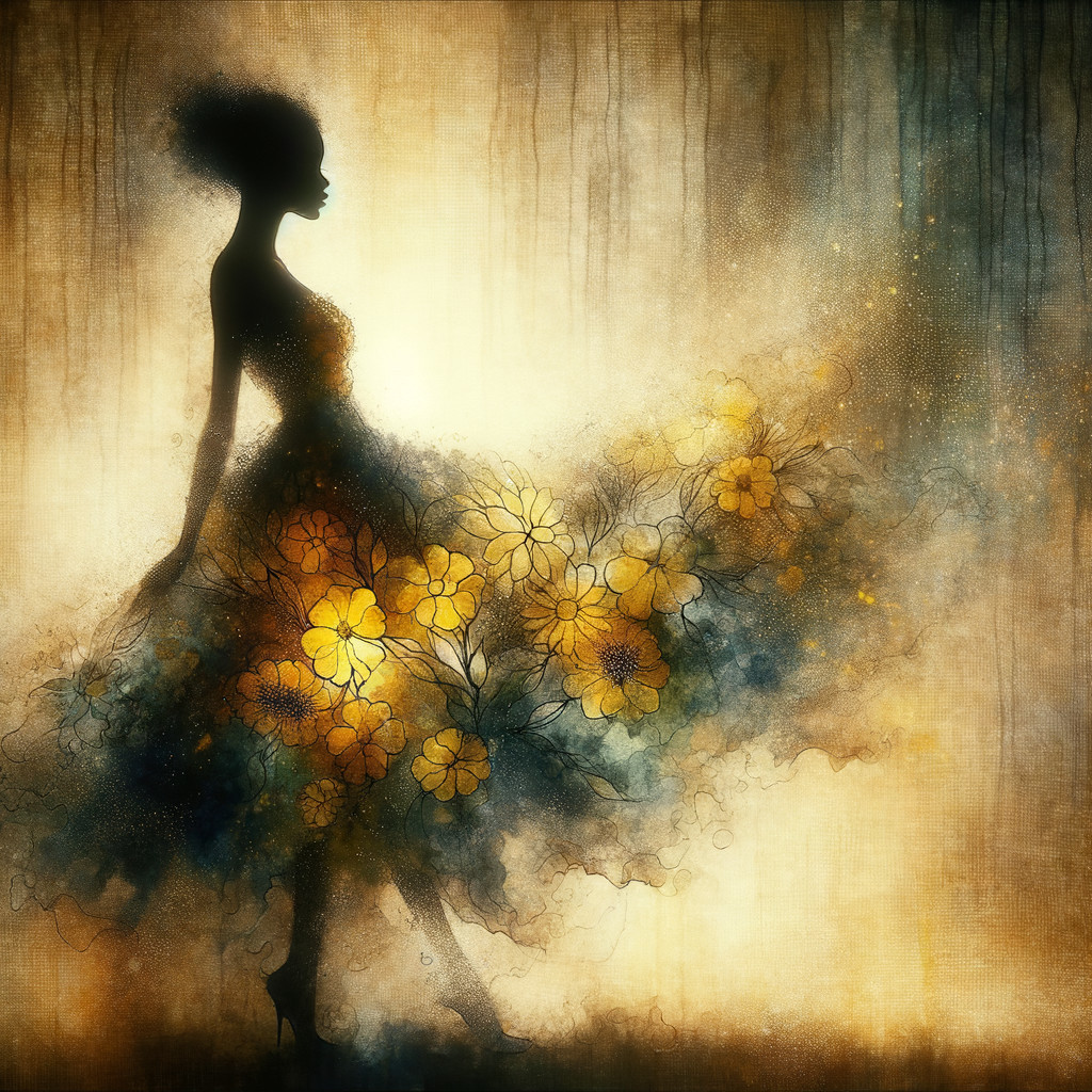 Silhouette of Woman in Floral Gown with Abstract Background