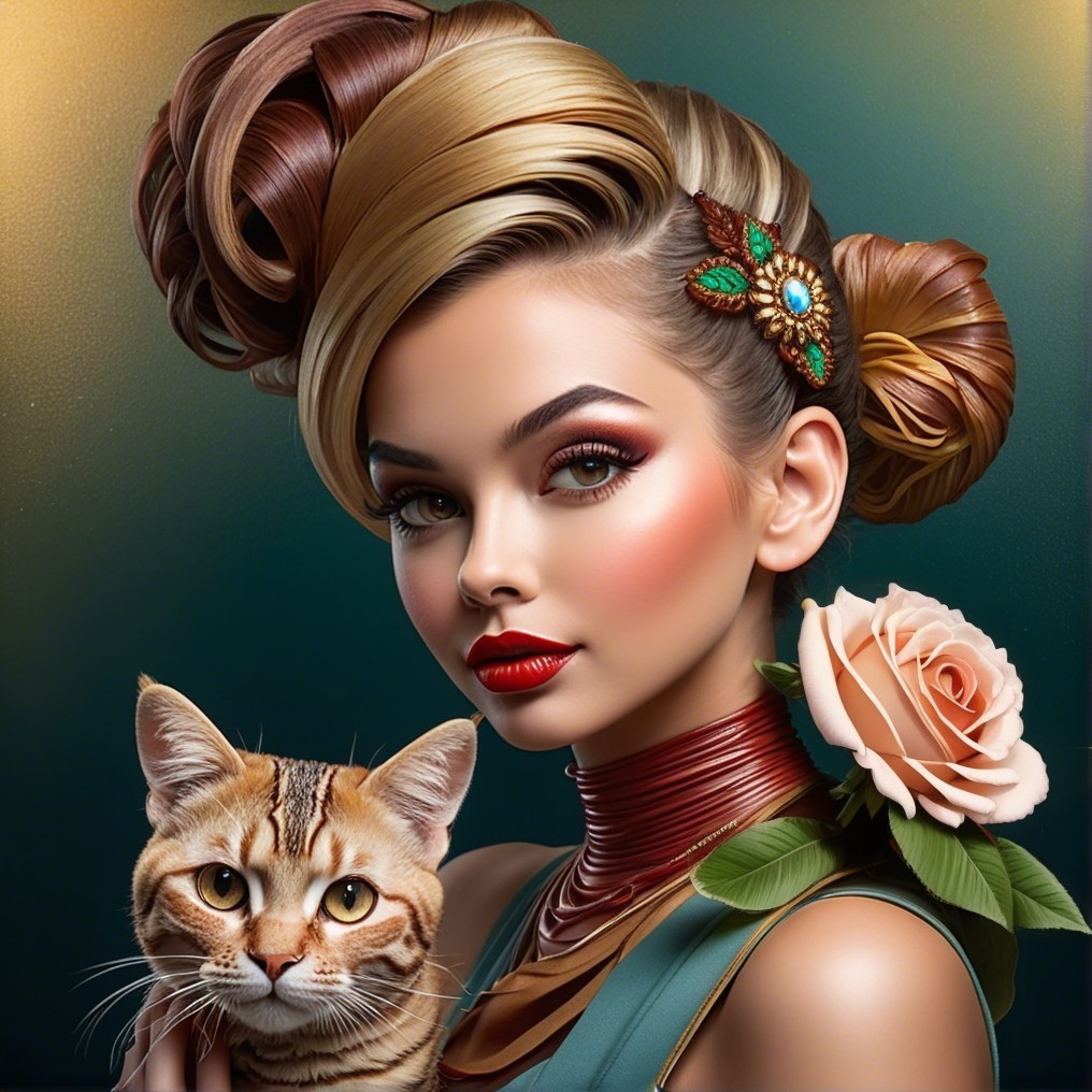 Elegant woman with copper hair and tabby cat