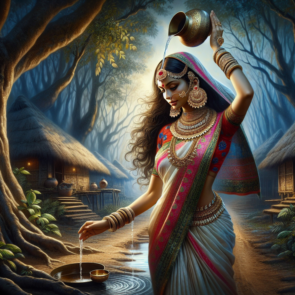 Woman in Saree Pouring Water in Tranquil Setting