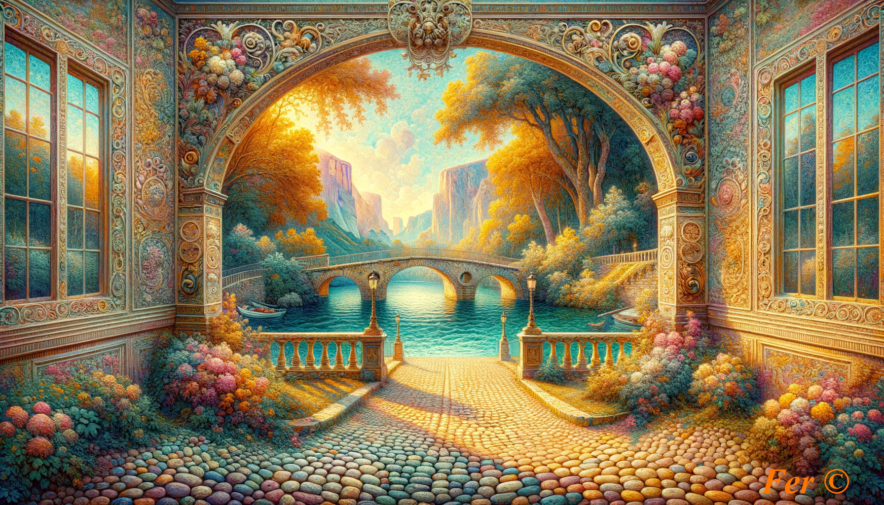 Vibrant Dreamlike Landscape Through Ornate Archway