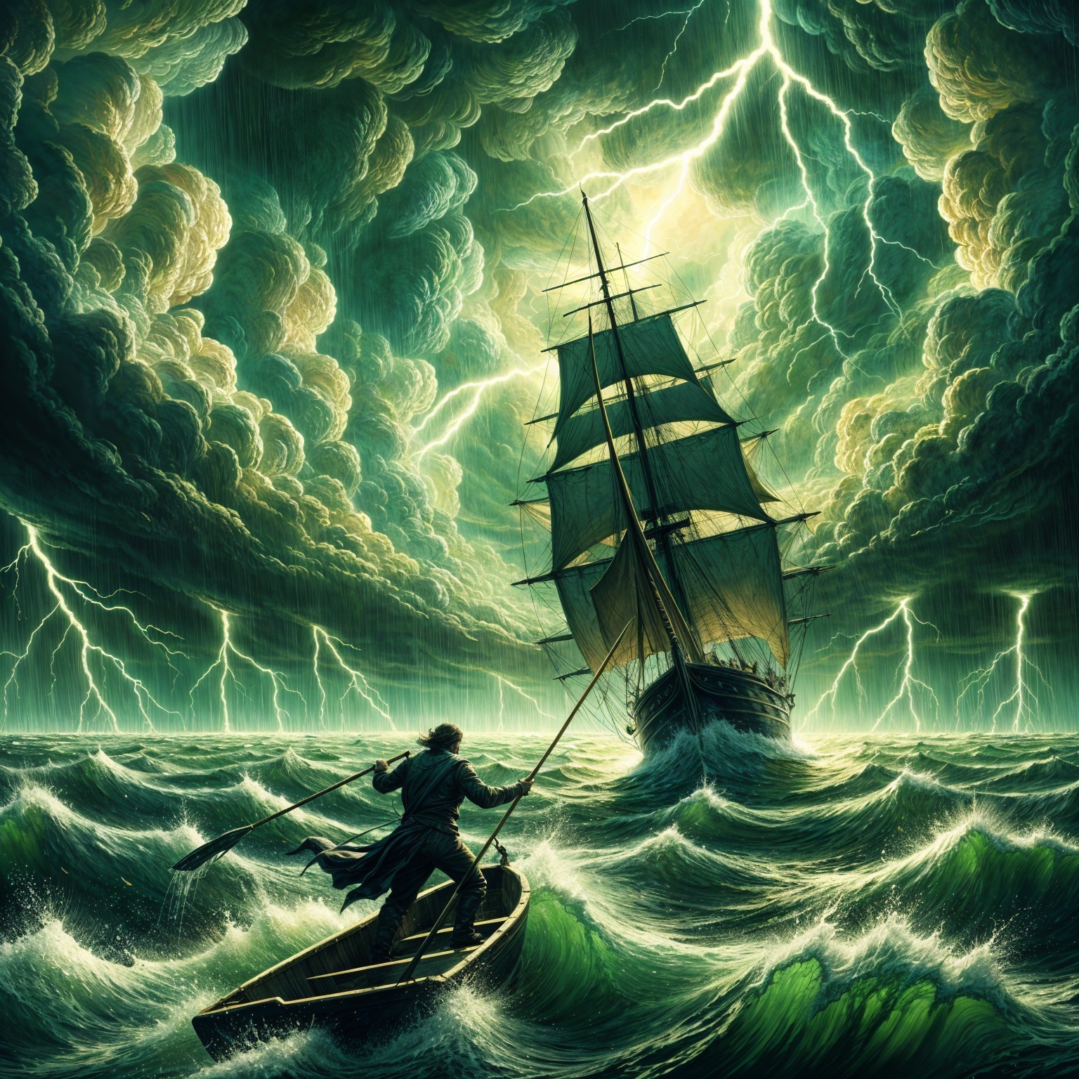 Lone Figure in Boat Faces Stormy Sea and Lightning