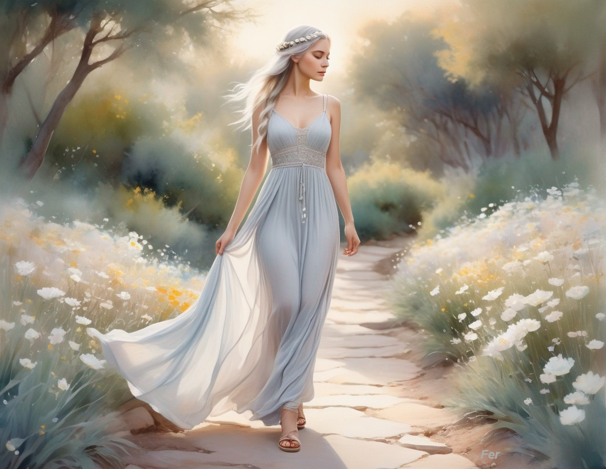 Woman in Light Blue Dress on Sunlit Flower Path