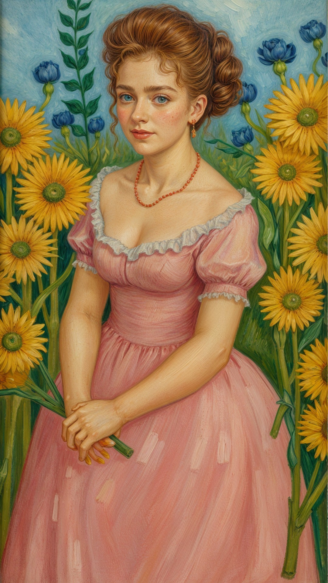 Young Woman in Vibrant Field of Sunflowers and Blue Flowers