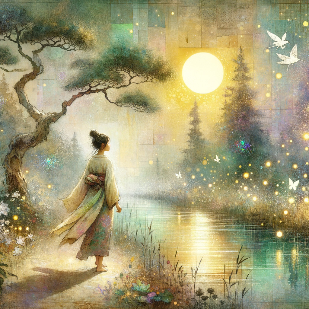 Serene Landscape with Woman by Tranquil River at Dusk