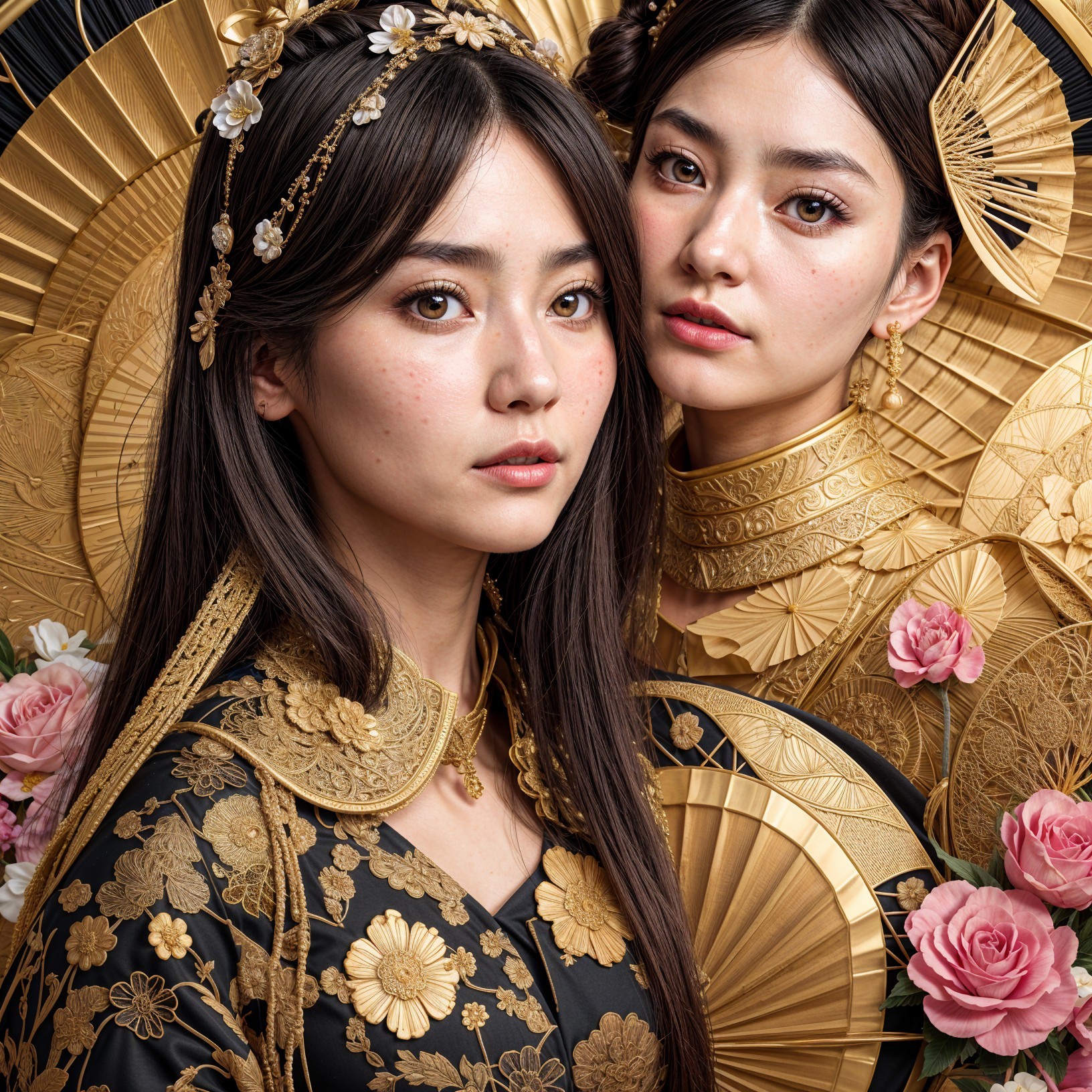 Elegantly Adorned Women in Intricate Outfits with Roses