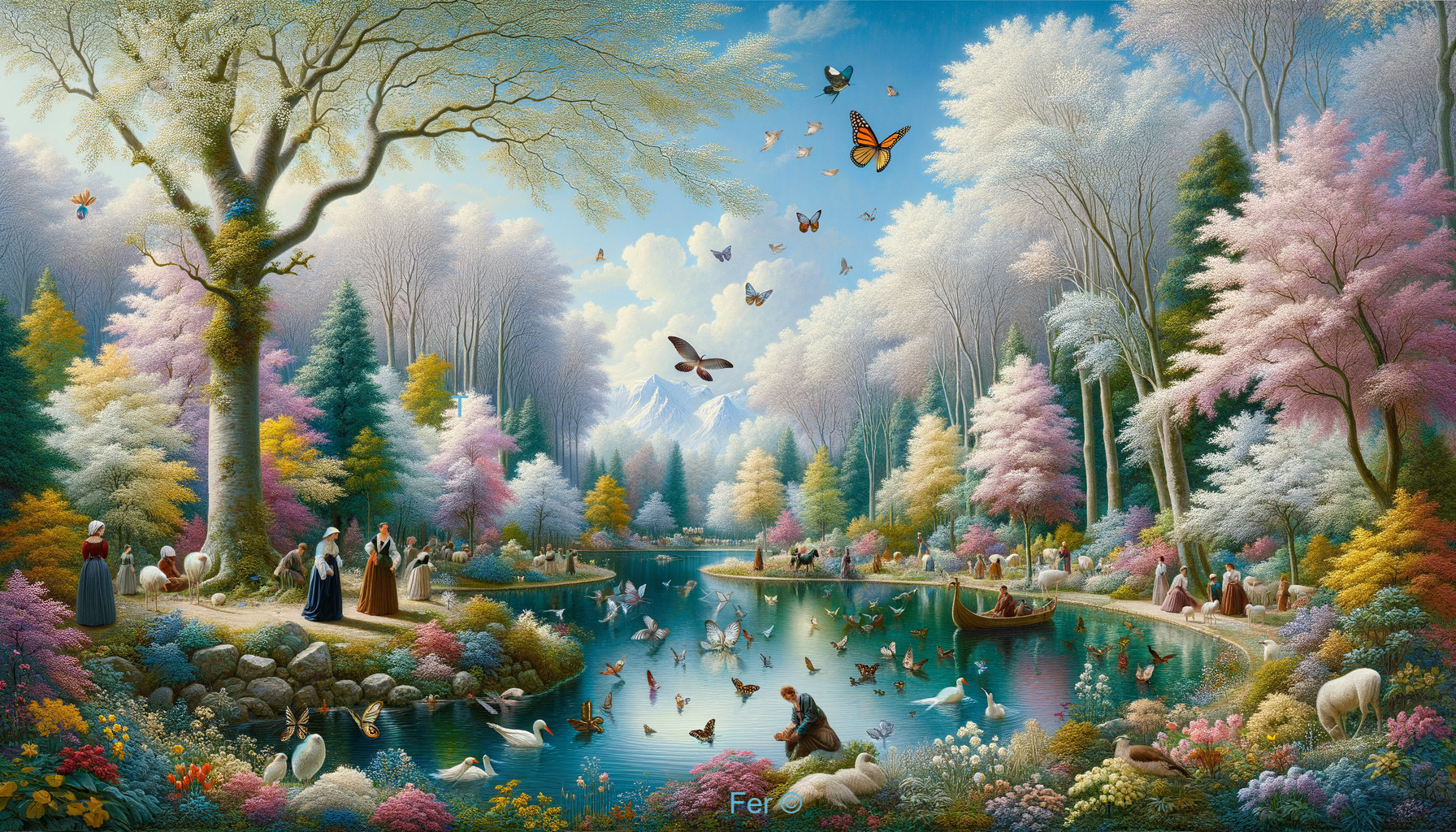 Tranquil Lake Surrounded by Vibrant Trees and Mountains