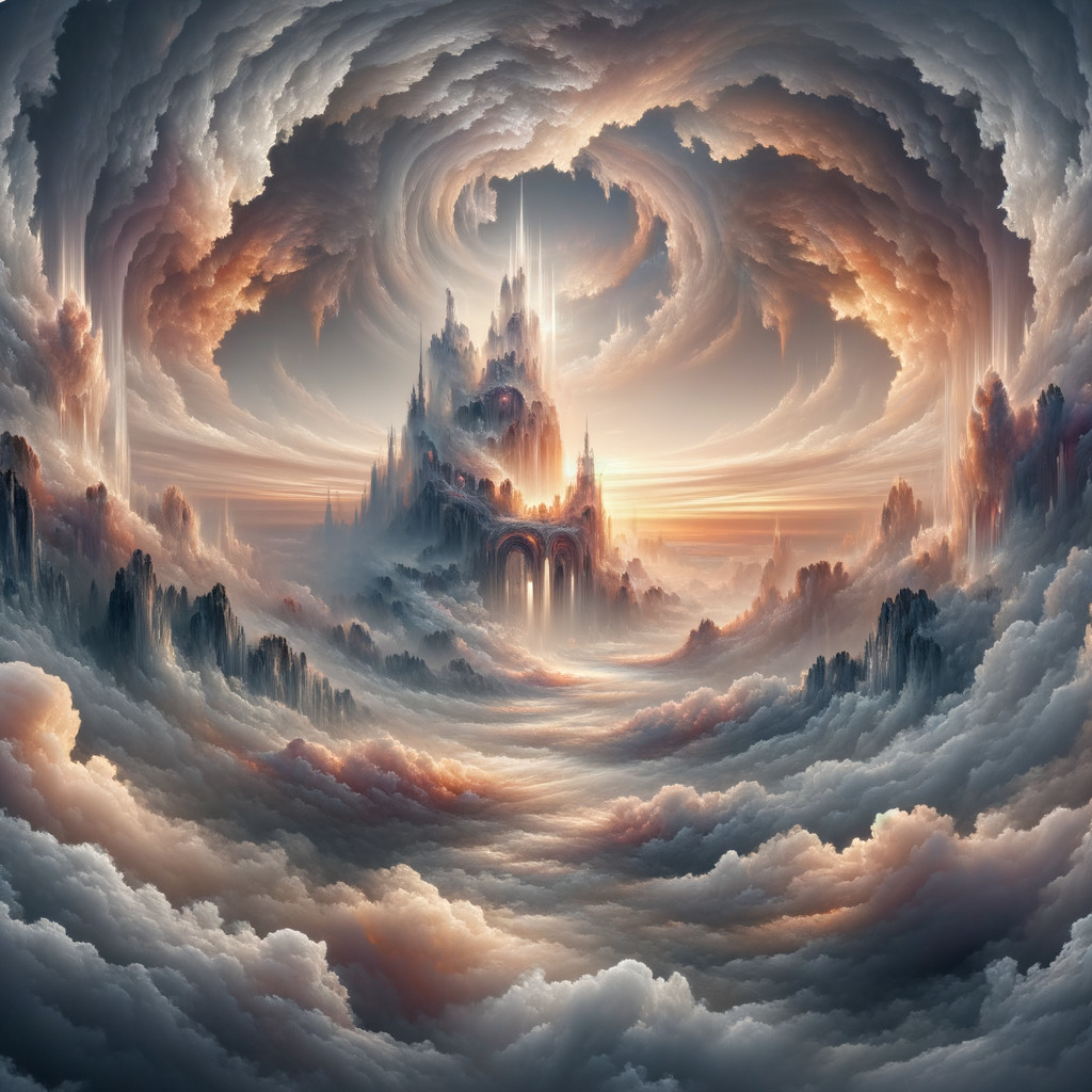 Majestic castle amidst swirling clouds and warm hues