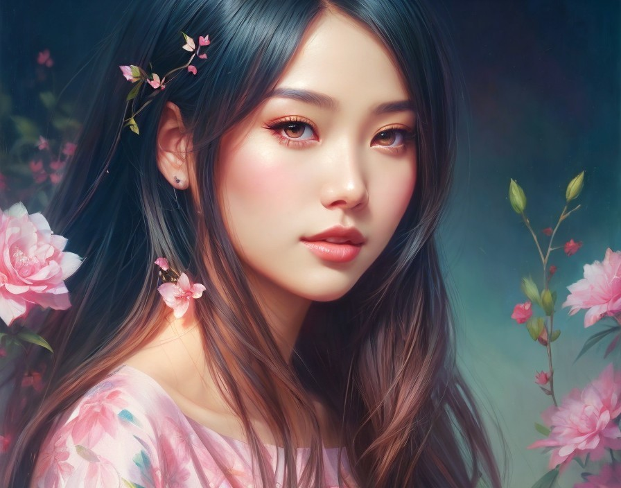 Digital painting of a woman with flowers and roses