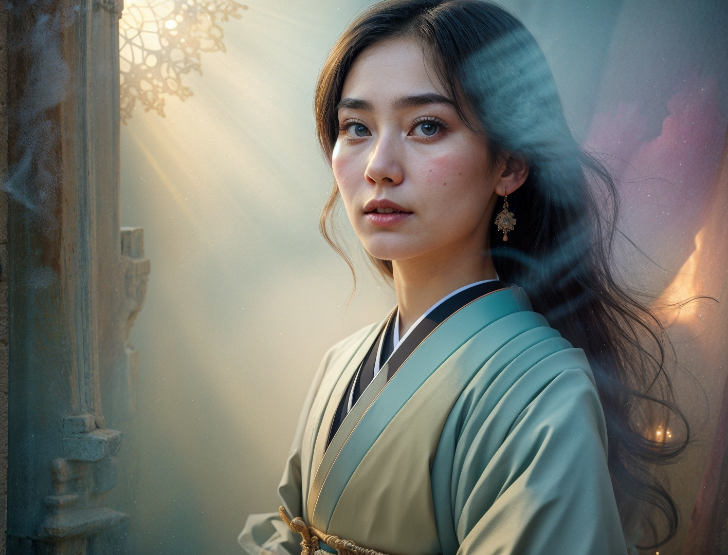 Young woman in elegant kimono with ethereal lighting