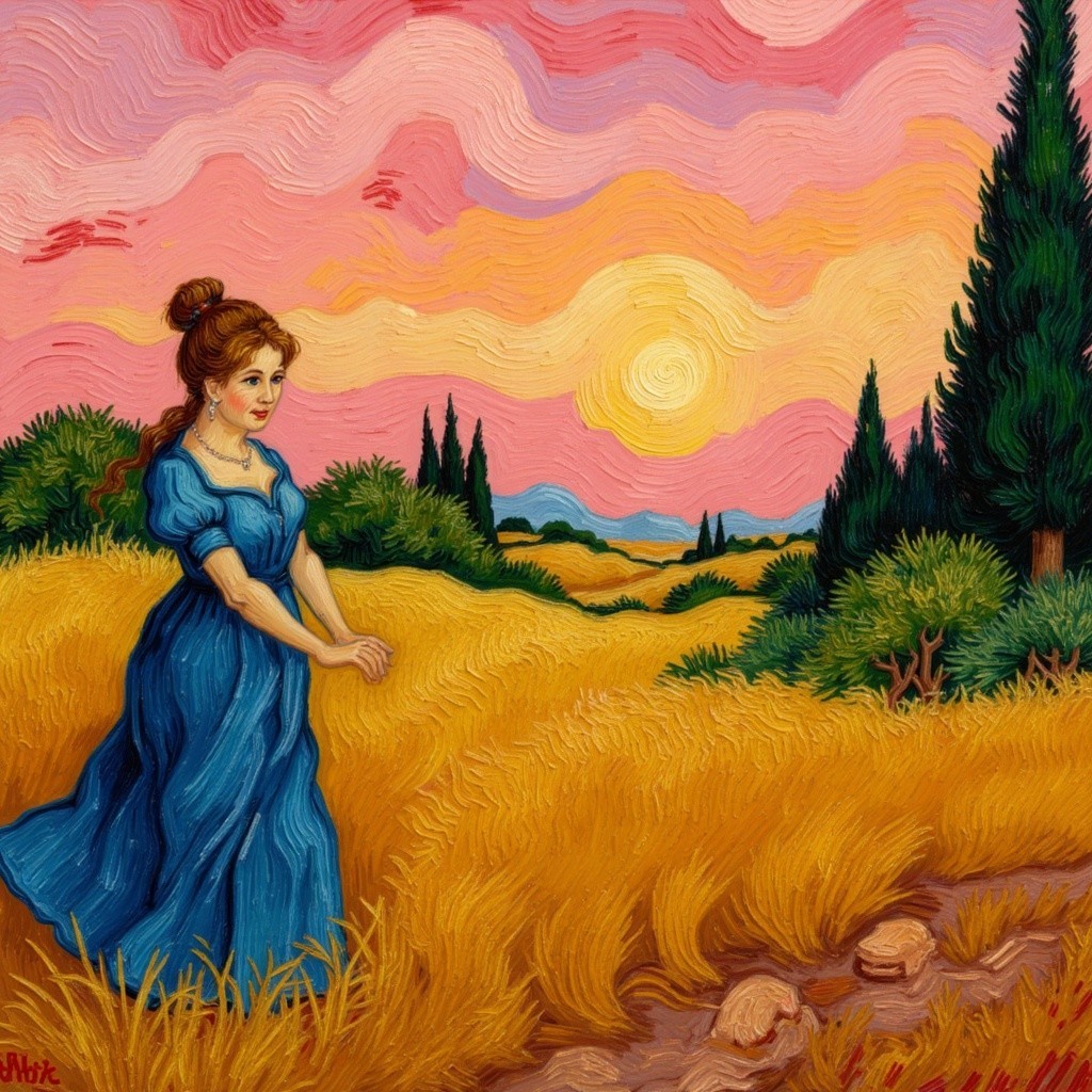 Young Woman in Blue Dress in Wheat Field at Sunset
