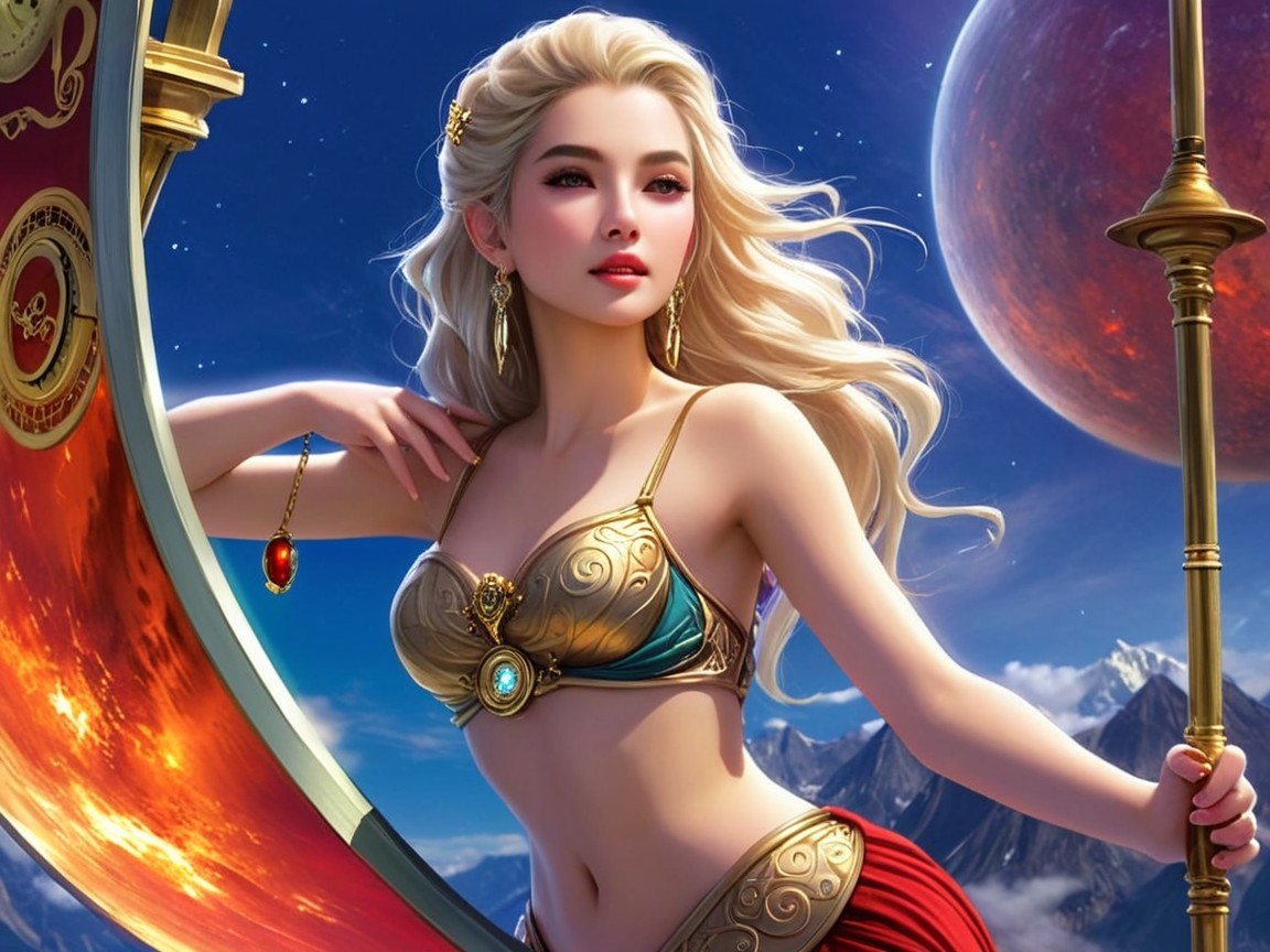 Blonde Woman in Gold and Turquoise Outfit with Jewelry