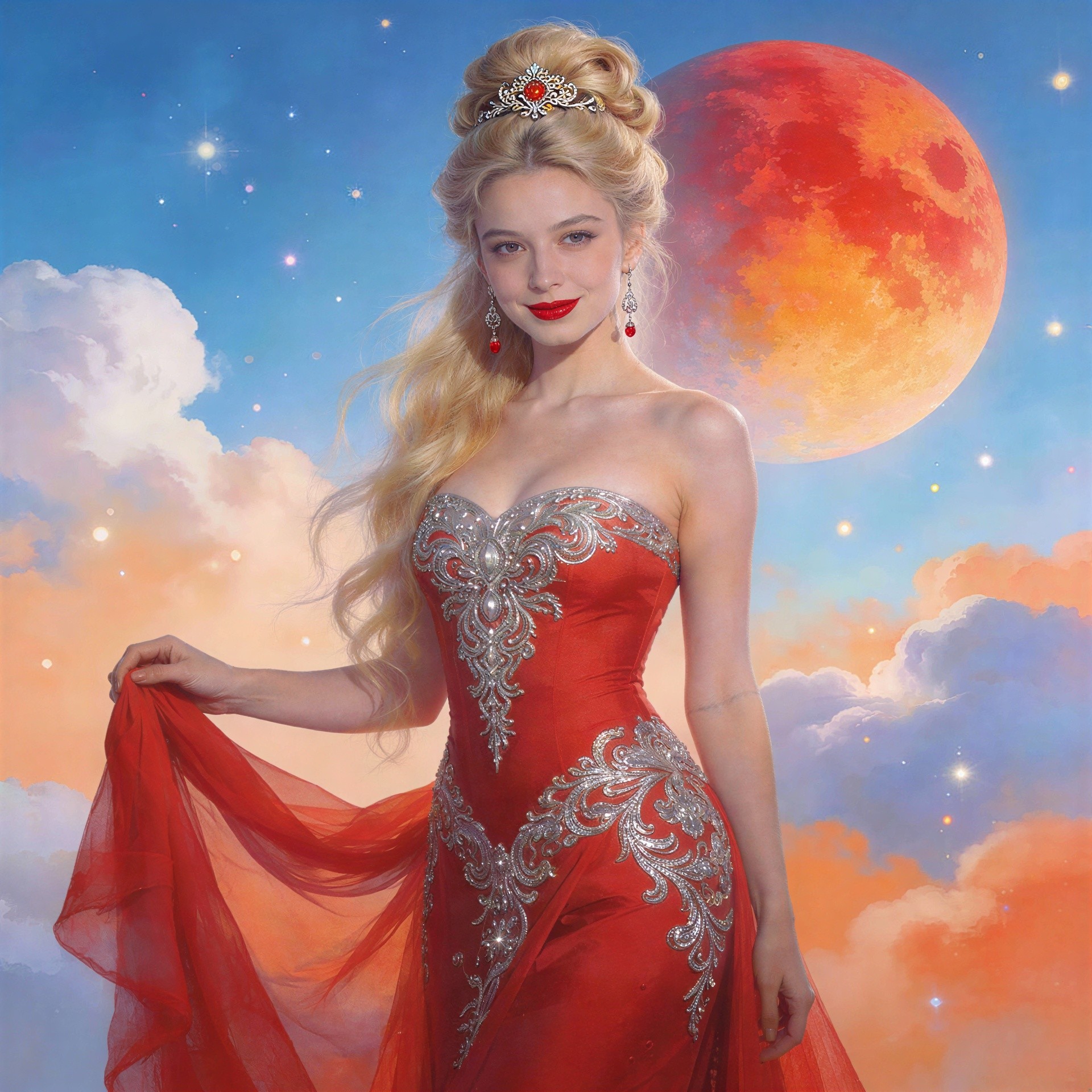 Young woman in red gown with moonlit sky backdrop