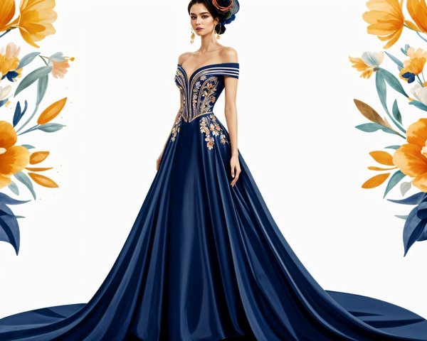Elegant navy blue gown with floral embroidery and train