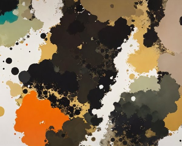 Abstract painting with large color splotches and splatters