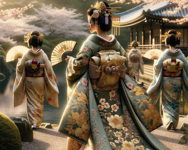 Elegant Women in Kimonos by a Cherry Blossom Pond