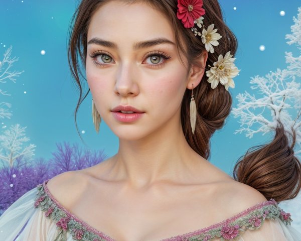 Young woman in floral gown under a night sky