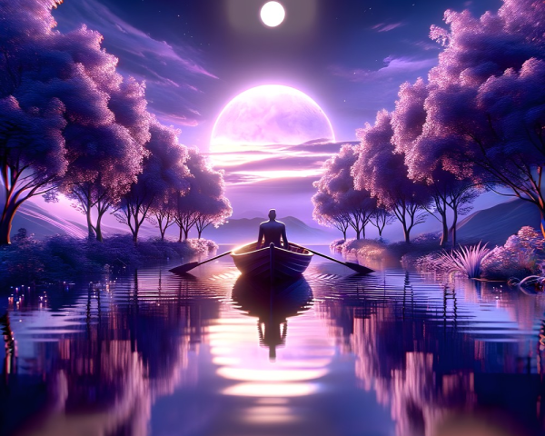 Solitary Figure in Boat Under Luminous Moonlight