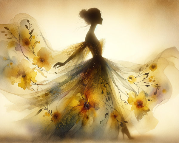 Elegant Silhouette of Woman in Flowing Floral Gown