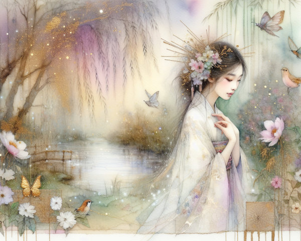 Serene Scene of Woman in Traditional Attire by Pond