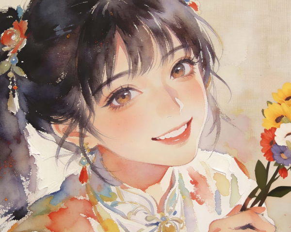 Watercolor Painting of Anime Girl with Flowers