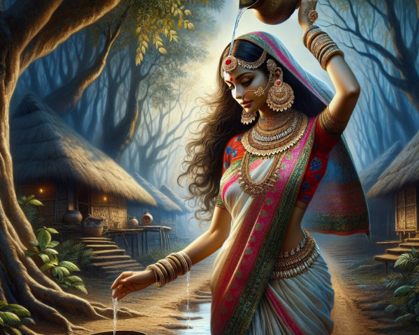 Woman in Saree Pouring Water in Tranquil Setting