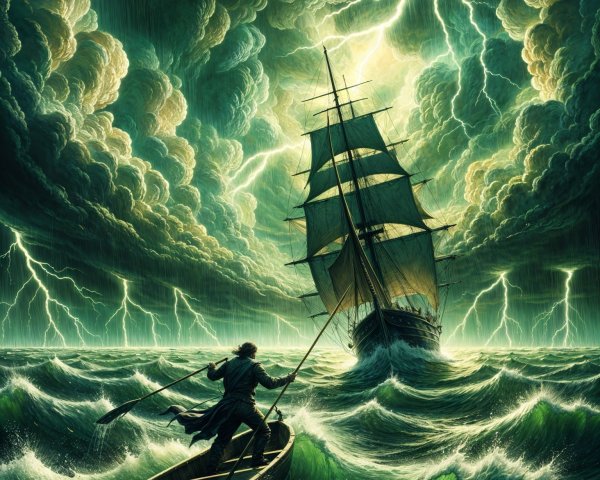 Lone Figure in Boat Faces Stormy Sea and Lightning