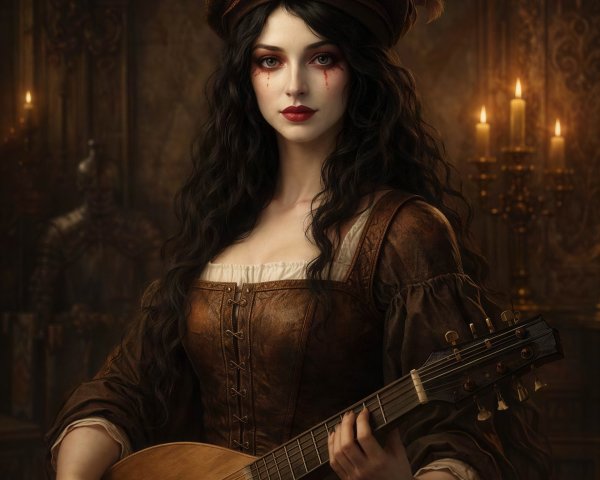 Vintage Full-Body Portrait of a Woman with Instrument