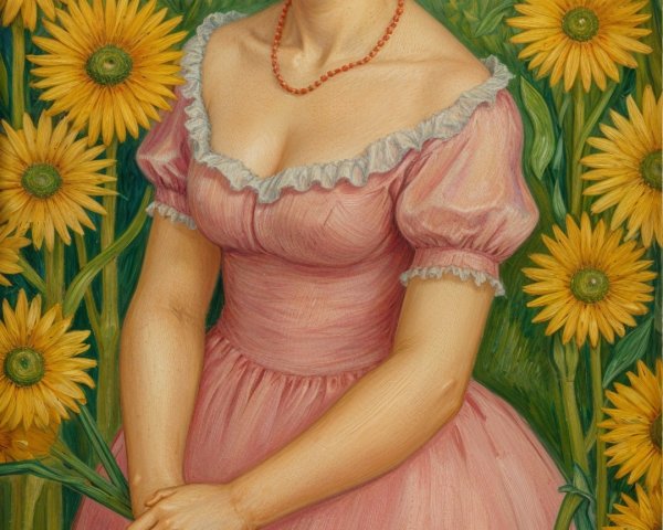 Young Woman in Vibrant Field of Sunflowers and Blue Flowers
