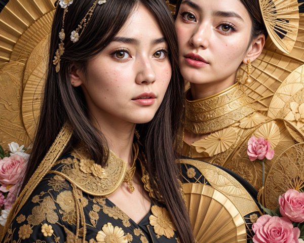 Elegantly Adorned Women in Intricate Outfits with Roses