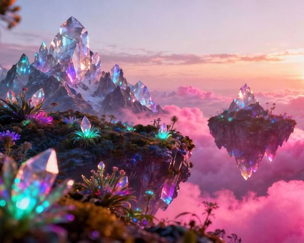 Fantastical Landscape with Crystal Mountains at Sunset