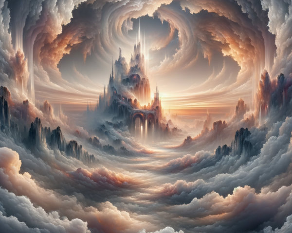 Majestic castle amidst swirling clouds and warm hues