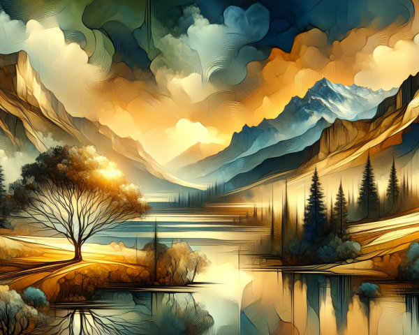 Serene Lake Landscape with Majestic Mountains and Sky