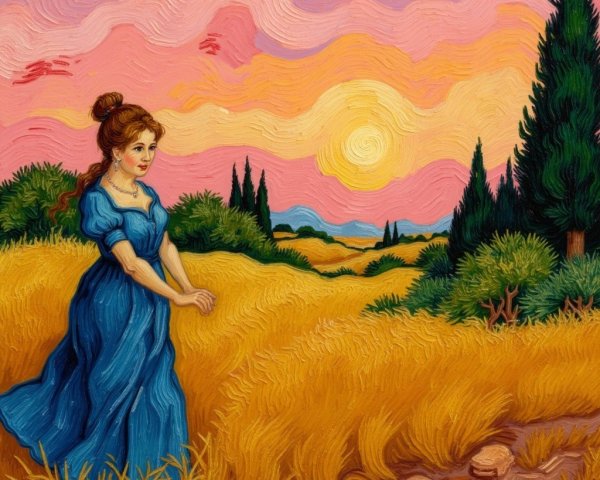 Young Woman in Blue Dress in Wheat Field at Sunset