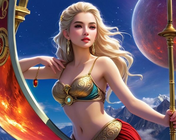 Blonde Woman in Gold and Turquoise Outfit with Jewelry