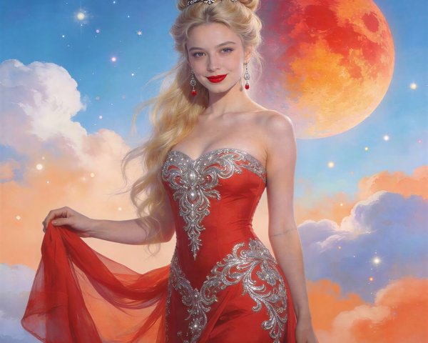 Young woman in red gown with moonlit sky backdrop