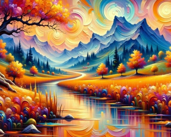 Vibrant Autumn Landscape with Winding River and Mountains