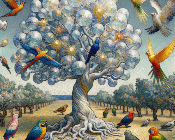 Surreal Tree with Spherical Leaves and Colorful Birds