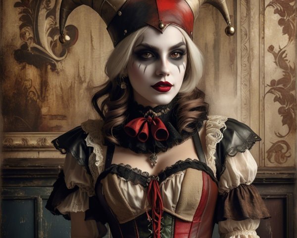 Jester Costume with Red and Black Designs and Makeup