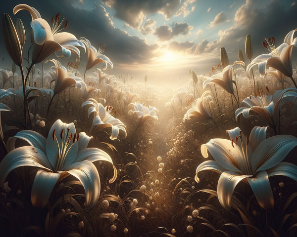 Serene Landscape with Luminous White Lilies and Sunlight
