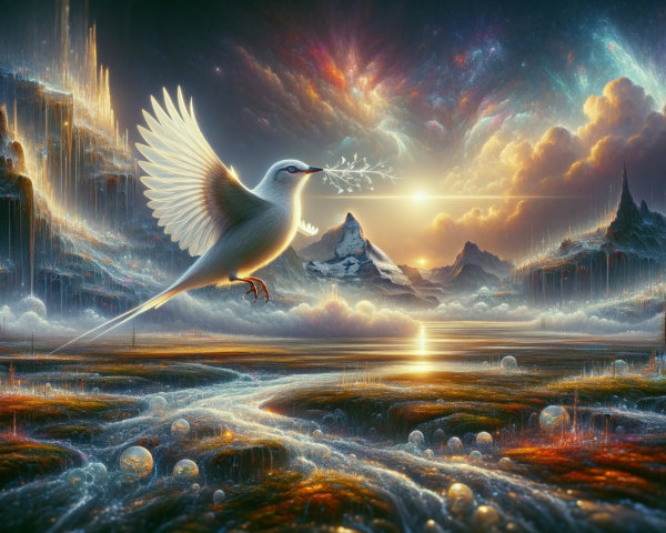 Digital Painting of a Dove in a Mystical Landscape